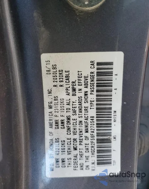 2015 Honda Accord Sport из США, поврежденный, VIN 1HGCR2F56FA270548